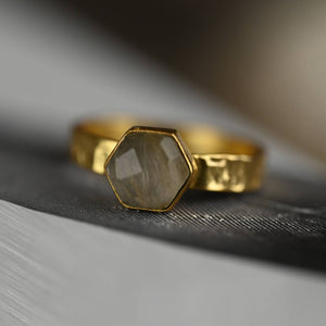 Golden Rutile Hexagon Ring on a Hand Hammered Band: 6