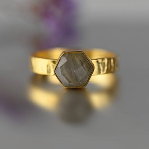 Golden Rutile Hexagon Ring on a Hand Hammered Band: 7