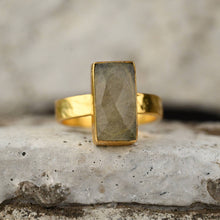 Rectangle Golden Rutile  Ring on a Hand Hammered Band: 6