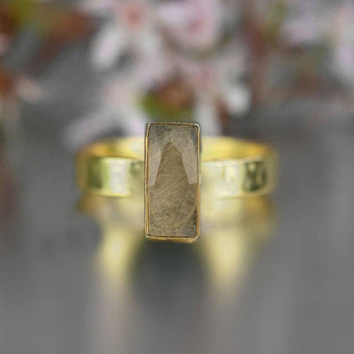 Rectangle Golden Rutile  Ring on a Hand Hammered Band: 7