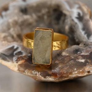 Rectangle Golden Rutile  Ring on a Hand Hammered Band: 6