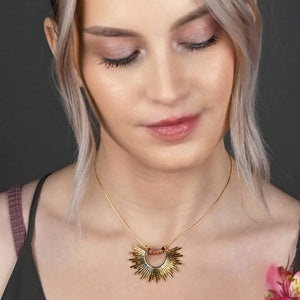 Golden Sun w/ Semi Precious Heishi Beads Necklace: Plum Blossom Jasper / 14 + Extender